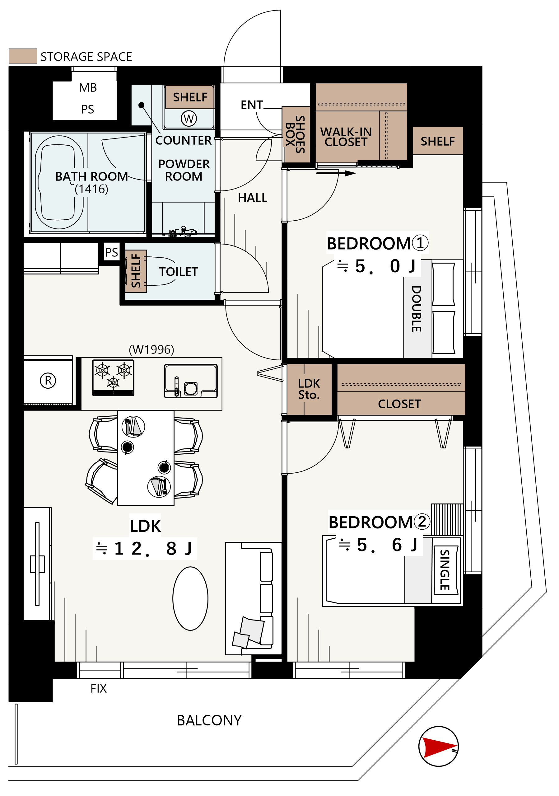 2LDK＋W の部屋の間取り図。部屋の配置や用途が記載されています